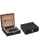Two humidors with black alligator pattern one is open showing a leather cigar humi-tube and a leather cigar case the other one is closed