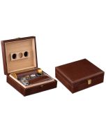 Two humidors with brown alligator pattern one is open showing a leather cigar humi-tube and a leather cigar case the other one is closed