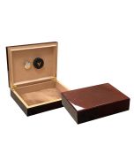 Two humidors with dark mahogany wood exterior, one is open showing the humidifier and hygrometer the other one is closed