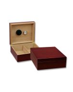 Two small-sized humidors in rich cherry finish, one is open displaying the hygrometer and the adjustable divider,  the other one is closed.