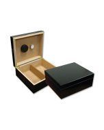Two small-sized humidors in black finish, one is open displaying the hygrometer and the adjustable divider, and the other one is closed 