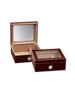 Two small and elegant glass humidors in cherry finish with see through glass on top and an external hygrometer, one humidor is closed and the other one is open