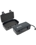 Two travel cigar humidors with two foam beds for five cigars each, hard ABS exterior, carrying handle and snap-tight locking clips