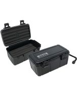 Two travel cigar humidors with three foam beds for five cigars each, hard ABS exterior, carrying handle and snap-tight locking clips