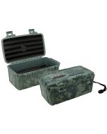 Two travel cigar humidors with three bed for five cigars, camouflage exterior, carrying handle and snap-tight locking clips