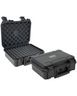 Two travel cigar humidors with four foam beds for ten cigars each, hard ABS exterior, carrying handle and snap-tight locking clips
