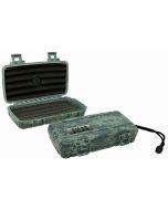 Two travel cigar humidors with bed for five cigars, camouflage exterior, carrying handle and snap-tight locking clips