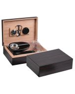 Two ebony wood humidors, one is open showing a humidifier, cigar scissors, ashtray, hygrometer and black leather cigar case.