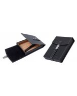 Two small black leather humidors with a black leather strap and a magnetic latch, one is open showing the interior the other one is closed.