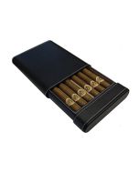 A portable black leather case cigar humidor for six to fifteen cigars open to display 6 cigars.