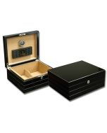 Two black lacquer humidors one is closed the other one is open showing a  black humidifier and a black and silver hygrometer