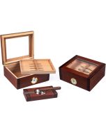 Two rosewood glass top humidors with adjustable divider and ashtray with a cigar on top 