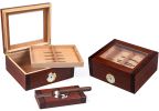 Two rosewood glass top humidors with adjustable divider and ashtray with a cigar on top 